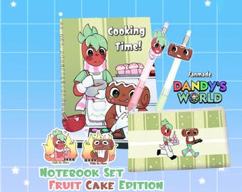 May include: A stationery set featuring a spiral-bound notebook with a Cooking Time illustration, two character-themed pens, two stickers with This is Fine text, and a rectangular pouch. The items feature cartoon characters from Dandy's World.