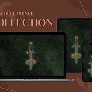 Puede incluir: Una colección de fondos de pantalla digitales con un fondo verde, una espada plateada y una corona dorada. El texto "The Cruel Prince Collection" está en la parte superior de la imagen.