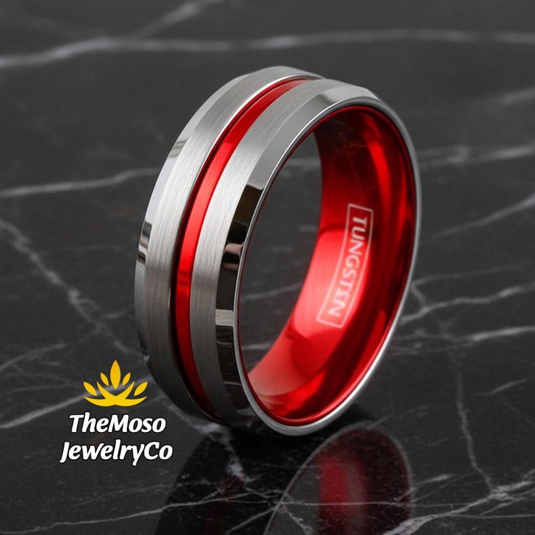 Thin Line Rings Mens Wedding Band, Thing Red Line Ring, Brushed Thin Red Line Tungsten ...