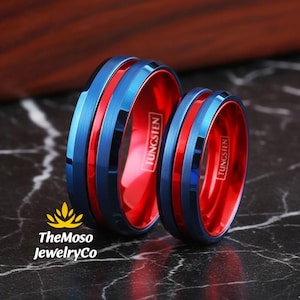 Red and Blue Wedding Band, Mens Red Wedding Bands, Thin Red Line Ring, Superhero Ring, Mens Wedding Band, Red and Blue Tungsten Ring