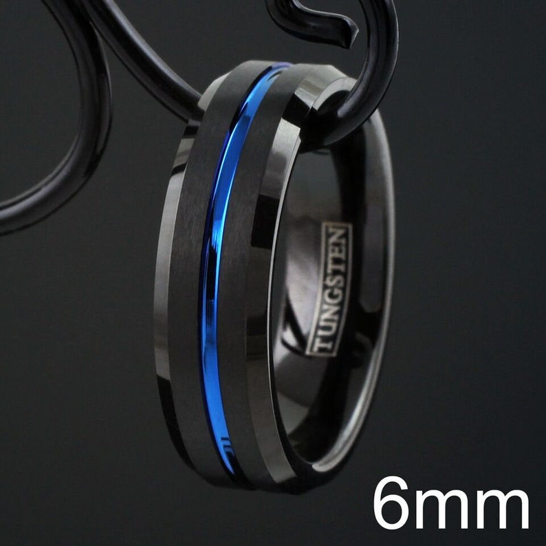 Mens Wedding Band | Black and Blue Tungsten Ring Men | Mens Wedding Ring Blue | Black Tungsten Brushed Thin Blue Line Wedding Band Ring