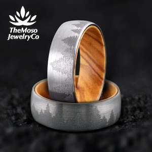 Olive Wood Man Women Ring, Tree Forest Pattern Mens Wedding Band, Wood Mens Ring Nature Scenery, Tungsten Ring, Marriage Rings