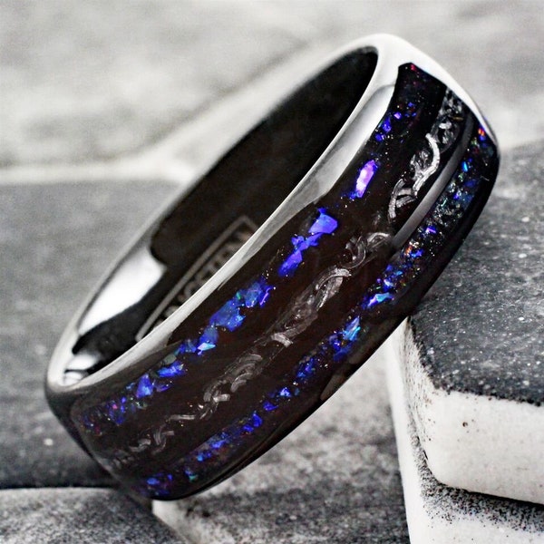 Black Tungsten Carbide Blue Sandstone & Meteorite Space Galaxy Wedding Band Ring | Orion Nebula Ring | Meteorite Ring | Outer Space Ring