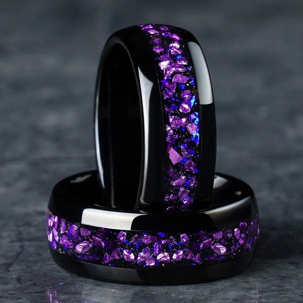 Galaxy Space Nebula Alexandrite Ring | Tungsten & Blue Sandstone  Wedding Band Unique, 8mm Nebula Space Amethyst Black Tungsten Carbide Ring