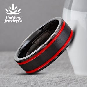 Black and Red Wedding Band, Mens Tungsten Wedding Band Red, 8mm Tungsten Wedding Band, Black Ring with Double Red Stripes, Red Line Band