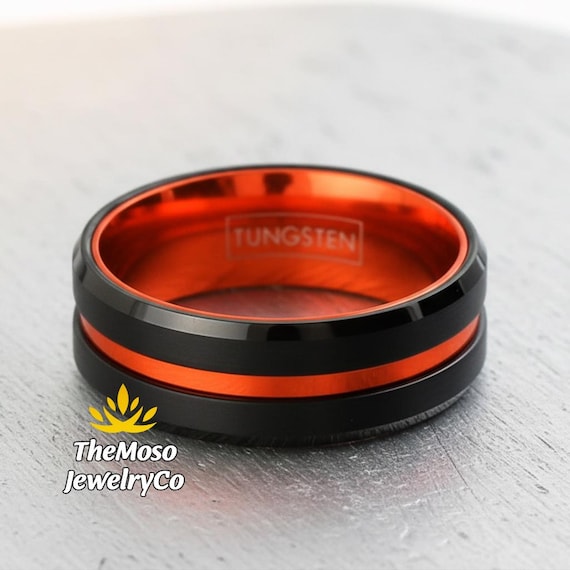 Orange Mens Tungsten Rings, Coast Guard Tungsten Orange Line Band Ring, Tungsten Thin Orange Line Stripe Engagement Ring, Tungsten Band