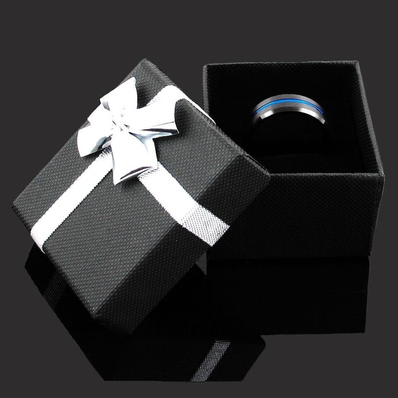 Mens Wedding Band | Black and Blue Tungsten Ring Men | Mens Wedding Ring Blue | Black Tungsten Brushed Thin Blue Line Wedding Band Ring