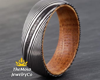 Mens Damascus Steel Wood Wedding Band  Damascus Whiskey Barrel Ring  Unique Engagement Damascus Steel Ring  Christmas Gift for Boyfriend