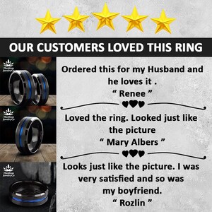 May include: Three customer reviews for a black ring with a blue stripe. The reviews are positive and state that the ring looks just like the picture and that the customer is satisfied with the purchase. The reviews are from Renee, Mary Albers, and Rozlin.
