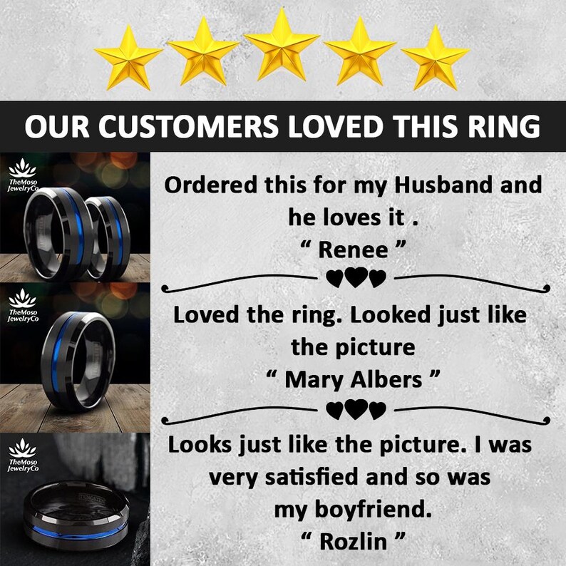 May include: Three customer reviews for a black ring with a blue stripe. The reviews are positive and state that the ring looks just like the picture and that the customer is satisfied with the purchase. The reviews are from Renee, Mary Albers, and Rozlin.