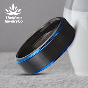 Mens Black Ring, Mens Black and Blue Wedding Band, Mens Brushed Wedding Ring, Tungsten Carbide Band, Engagement Ring, Blue Anniversary Ring