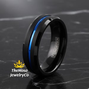 Men's Wedding Band, Black and Blue Tungsten Ring Men, Mens Wedding Ring Blue, Black Tungsten Brushed Thin Blue Line Wedding Band Ring