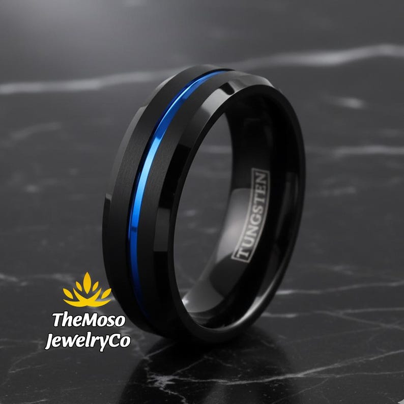 Men's Wedding Band, Black and Blue Tungsten Ring Men, Mens Wedding Ring Blue, Black Tungsten Brushed Thin Blue Line Wedding Band Ring