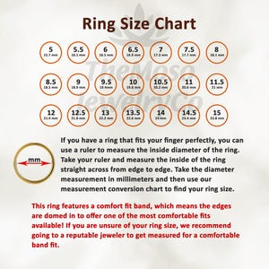May include: Ring size chart with measurements in millimetres for sizes 5 to 15. The chart shows the inside diameter of the ring in millimetres. The text says, "If you have a ring that fits your finger perfectly, you can use a ruler to measure the inside diameter of the ring. Take your ruler and measure the inside of the ring straight across from edge to edge. Take the diameter measurement in millimetres and then use our measurement conversion chart to find your ring size."