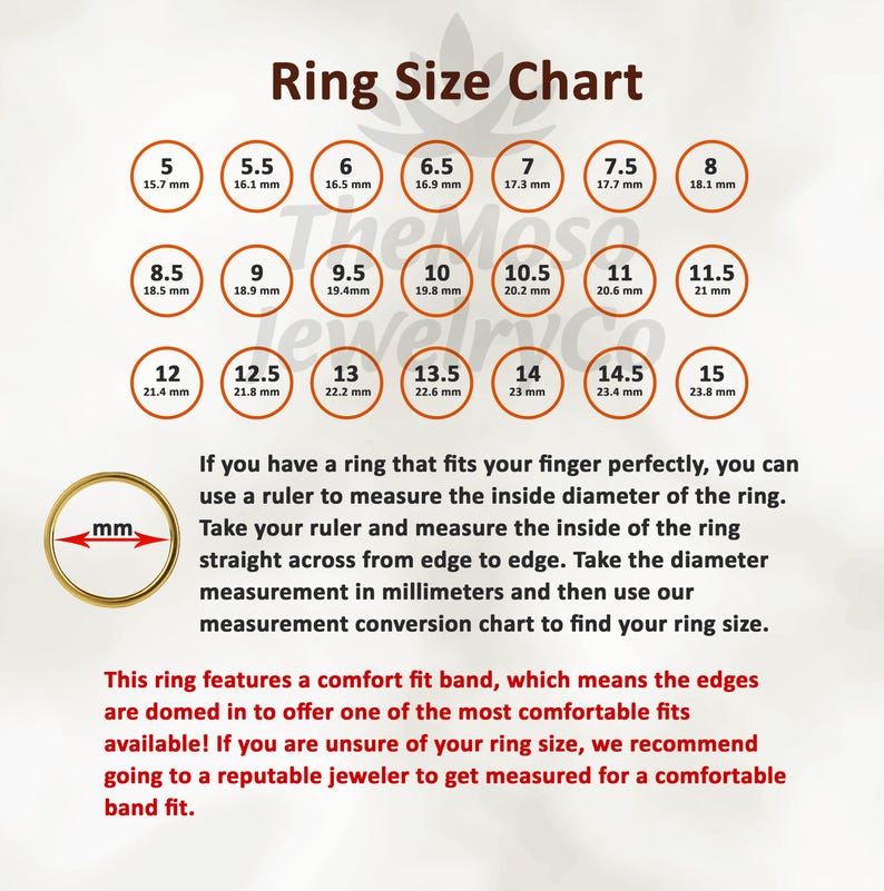 May include: Ring size chart with measurements in millimetres for sizes 5 to 15. The chart shows the inside diameter of the ring in millimetres. The text says, "If you have a ring that fits your finger perfectly, you can use a ruler to measure the inside diameter of the ring. Take your ruler and measure the inside of the ring straight across from edge to edge. Take the diameter measurement in millimetres and then use our measurement conversion chart to find your ring size."