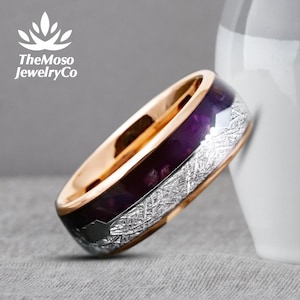 Rose Gold Tungsten Ring, Arrow Inlay Ring, Mens Wedding Band, Purple Meteorite Ring, Women Wedding Bands, Meteor Wedding Bands, Mens Rings