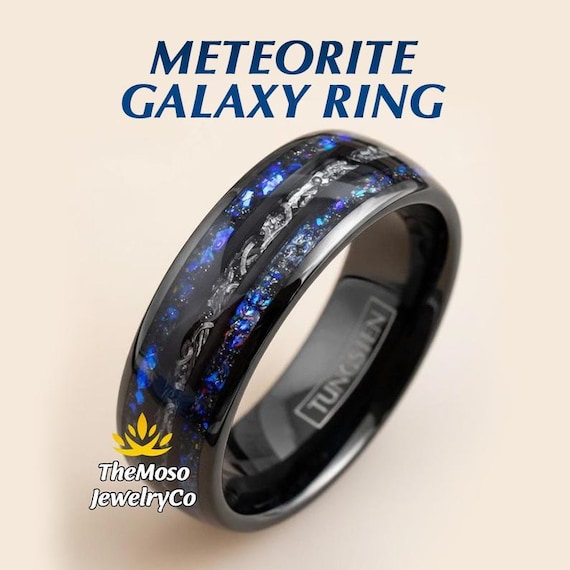 Mens Wedding Band, Blue Sandstone Meteorite Galaxy Ring, Black Tungsten Carbide Blue Sandstone & Meteorite Space Galaxy Wedding Band Ring