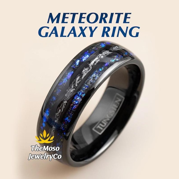 Mens Wedding Band, Blue Sandstone Meteorite Galaxy Ring, Black Tungsten Carbide Blue Sandstone & Meteorite Space Galaxy Wedding Band Ring