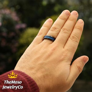 Mens Wedding Band, Black and Blue Tungsten Ring Men, Mens Black Wedding Band, Black Tungsten Brushed Thin Blue Line Wedding Band Ring image 6