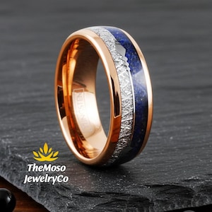 Meteorite Ring, Blue Lapis Lazuli Ring, Women Rose Gold Wedding Band Meteorite Ring with Arrow Inlay, Meteorite Wedding Band Mens Ring