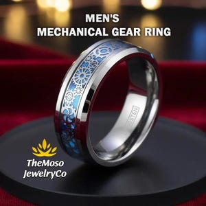 Clockwork Gear Ring, Mens Mechanical Gear Ring, Blue & Silver Tungsten Ring, Carbon Fiber Gear Steampunk Band, Mechanical Engineer Gift