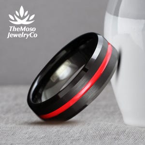 Thin Red Line Tungsten Wedding Band, Firefighter Black Red Ring,  Mens Tungsten Wedding Band Red, Thin Red Line Ring, Black and Red Band