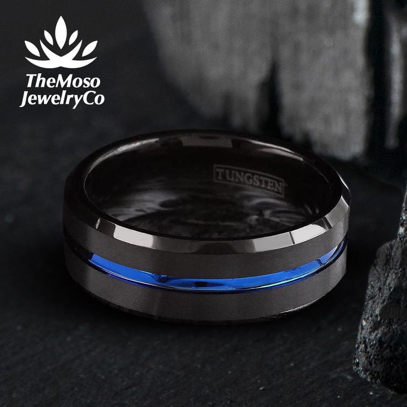 Mens Wedding Band | Black and Blue Tungsten Ring Men | Mens Wedding Ring Blue | Black Tungsten Brushed Thin Blue Line Wedding Band Ring