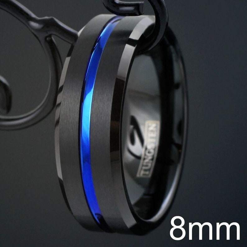 Mens Wedding Band | Black and Blue Tungsten Ring Men | Mens Wedding Ring Blue | Black Tungsten Brushed Thin Blue Line Wedding Band Ring