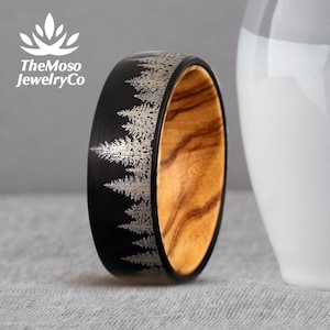 Forest Tree Tungsten Mens Wedding Band or Engagement Ring 8mm With Wood, Forest Tree Ring, Unisex Tungsten Promise Ring, Women Wood Ring