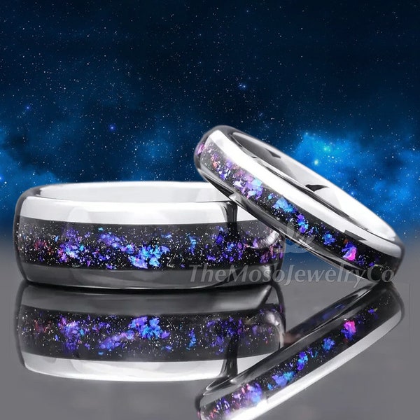 Orion Nebula Ring | 8mm-4mm Silver Tungsten Wedding Band | Outer Space Ring | Man Woman Ring | Comfort Fit Ring