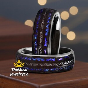 Blue Sandstone Meteorite Galaxy Ring, Black Tungsten Carbide Blue Sandstone & Meteorite Space Galaxy Wedding Band Ring, Orion Nebula Ring