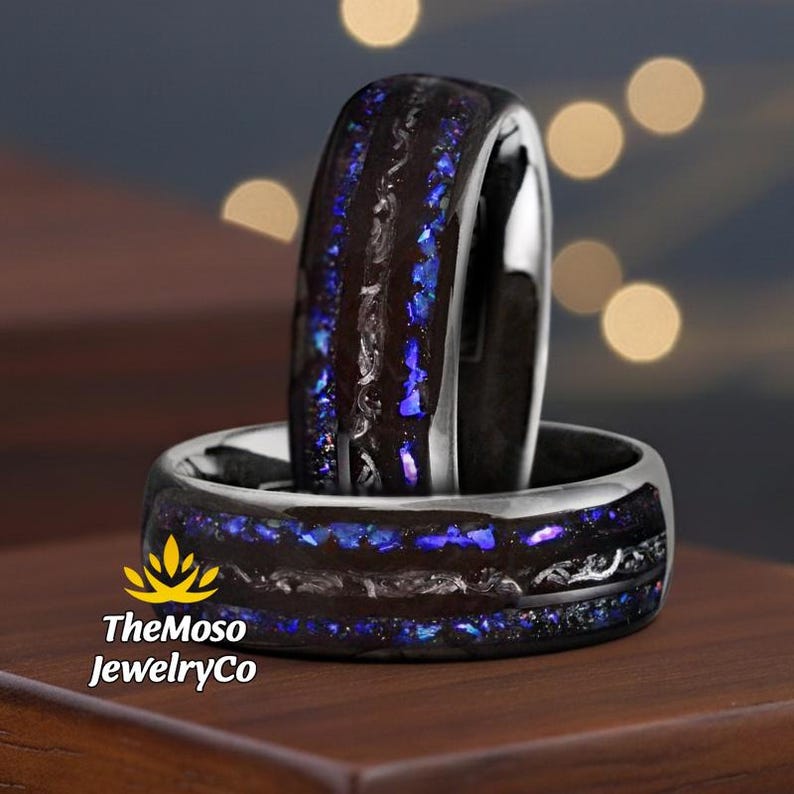 Blue Sandstone Meteorite Galaxy Ring, Black Tungsten Carbide Blue Sandstone & Meteorite Space Galaxy Wedding Band Ring, Orion Nebula Ring