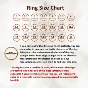 May include: Ring size chart with measurements in millimeters. The chart shows ring sizes from 5 to 15. The chart also includes a diagram of a ring with a ruler measuring the inside diameter of the ring.