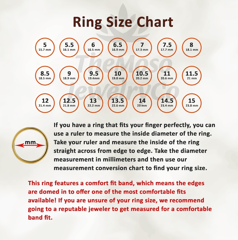 May include: Ring size chart with measurements in millimeters. The chart shows ring sizes from 5 to 15. The chart also includes a diagram of a ring with a ruler measuring the inside diameter of the ring.