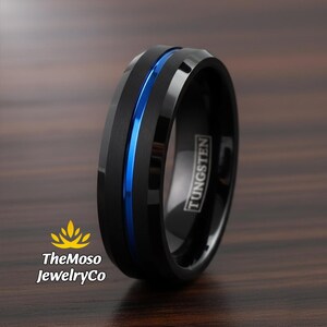 Men's Wedding Band, Black and Blue Tungsten Ring Men, Mens Wedding Ring Blue, Black Tungsten Brushed Thin Blue Line Wedding Band Ring