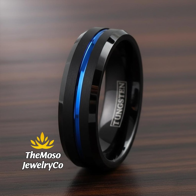 Men's Wedding Band, Black and Blue Tungsten Ring Men, Mens Wedding Ring Blue, Black Tungsten Brushed Thin Blue Line Wedding Band Ring
