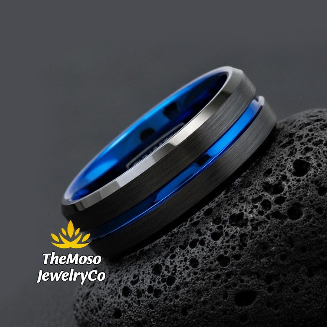 Blue Line Rings For Men Mens Wedding Band, Thin Blue Line Ring, Blue Stripe Black Tungsten ...