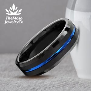 Mens Wedding Band, Black and Blue Tungsten Ring Men, Mens Wedding Ring Blue, Black Tungsten Brushed Thin Blue Line Wedding Band Ring