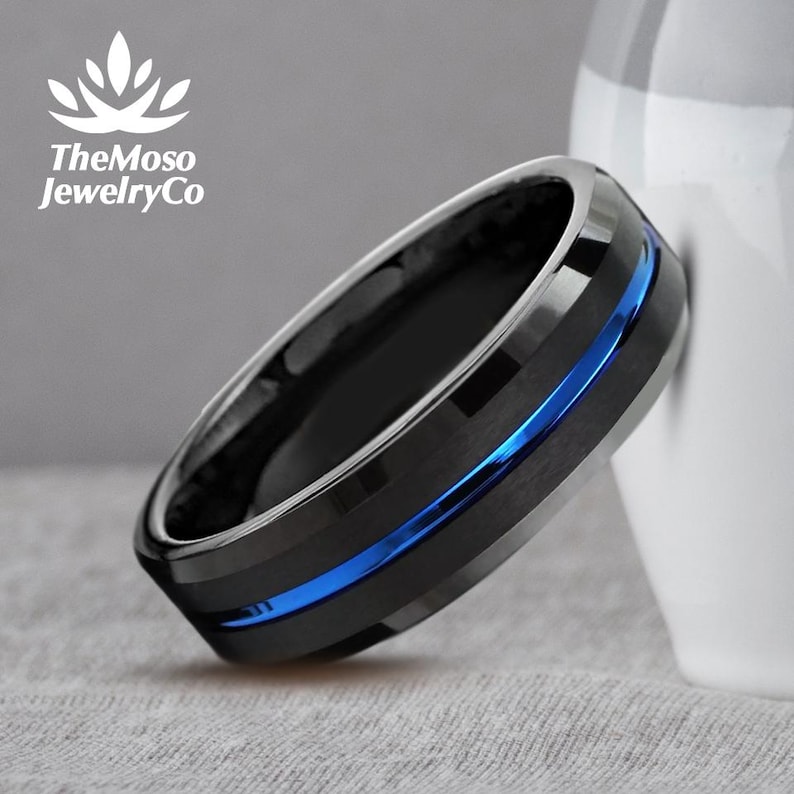 Mens Wedding Band, Black and Blue Tungsten Ring Men, Mens Wedding Ring Blue, Black Tungsten Brushed Thin Blue Line Wedding Band Ring