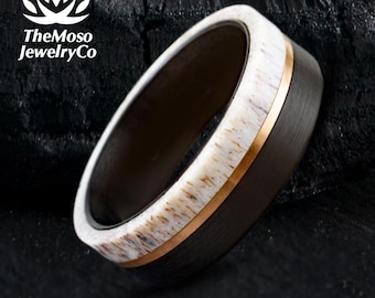 Mens Wedding Band, Deer Antler Ring, Black Tungsten Ring, Antler Black Tungsten Ring, Deer Wedding Band, Tungsten Ring for Men, Mens Ring