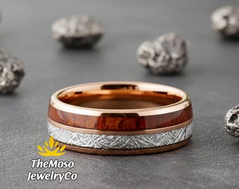 Mens Wedding Band, Rose Gold Wedding Band, Rose Gold Wood and Meteorite Inlay Wedding Band for Men Women, Rose Gold and Wood Tungsten Ring