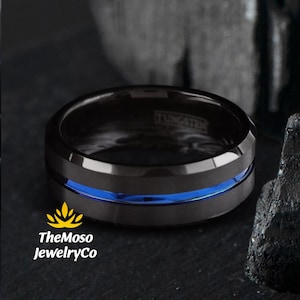 Mens Wedding Band, Black and Blue Tungsten Ring Men, Mens Black Wedding Band, Black Tungsten Brushed Thin Blue Line Wedding Band Ring image 1