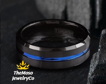 Mens Wedding Band, Black and Blue Tungsten Ring Men, Mens Black Wedding Band, Black Tungsten Brushed Thin Blue Line Wedding Band Ring