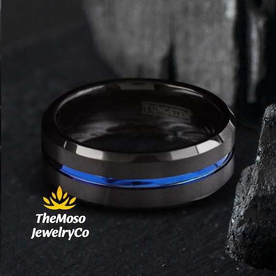 Mens Wedding Band, Black and Blue Tungsten Ring Men, Mens Black Wedding Band, Black Tungsten Brushed Thin Blue Line Wedding Band Ring