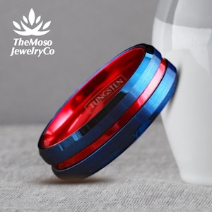 Red Line Wedding Band, Mens Red Wedding Bands, Thin Red Line Ring, Superhero Ring, Mens Wedding Band Red Line, Red and Blue Tungsten Ring