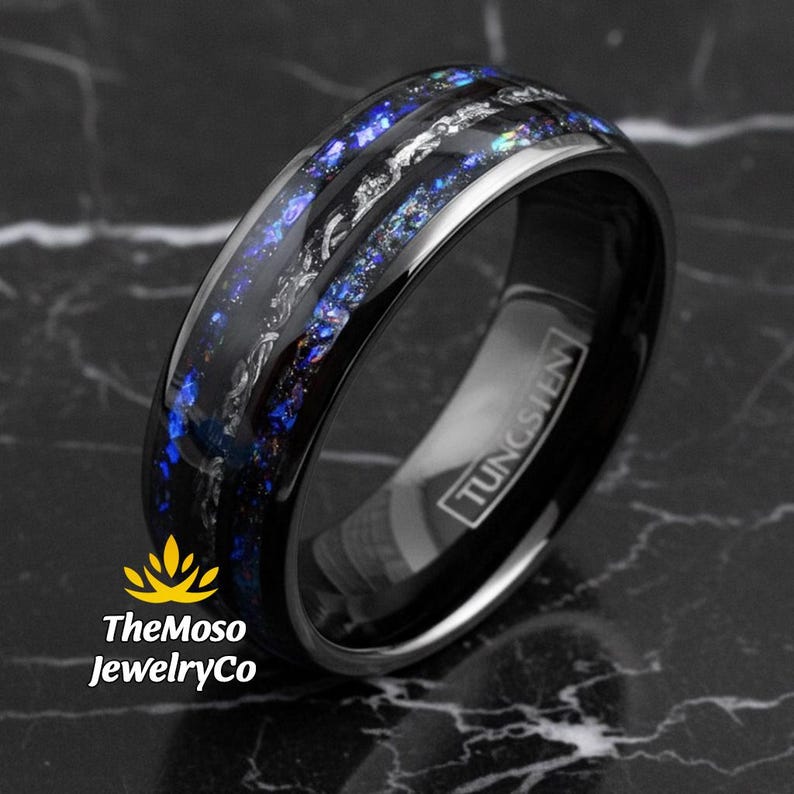 Galaxy Meteorite Ring for Men or Women, Galaxy Blue Sandstone Ring, Meteorite Wedding Band, Orion Nebula Ring, Mens Galaxy Rings, 6-8mm
