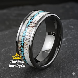 Antler Tungsten Wedding Bands, Deer Antler Ring With Turquoise, Mens Deer Antler Wedding Bands, Tungsten Elk Antler and Turquoise Ring