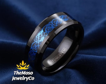 Black Dragon Rings, Black Mens Viking Ring, Tungsten Wedding Band, Celtic Ring, Mens Wedding Band, Blue Norse Ring, Unique Celtic Knot Ring