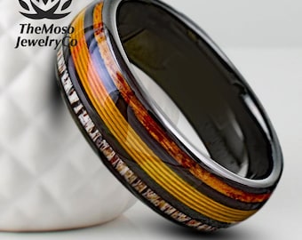Mens Wedding Band, Fishing Ring, Deer Antler Band, Tungsten Fishing Line Whiskey Barrel  Deer Antler Ring, Mens Ring, Engagement Ring
