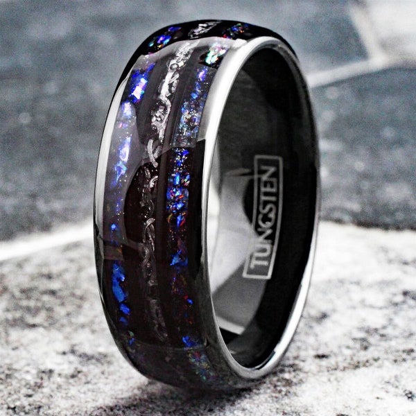 Black Tungsten Carbide Blue Sandstone & Meteorite Space Galaxy Wedding Band Ring | Orion Nebula Ring | Meteorite Ring | Outer Space Ring